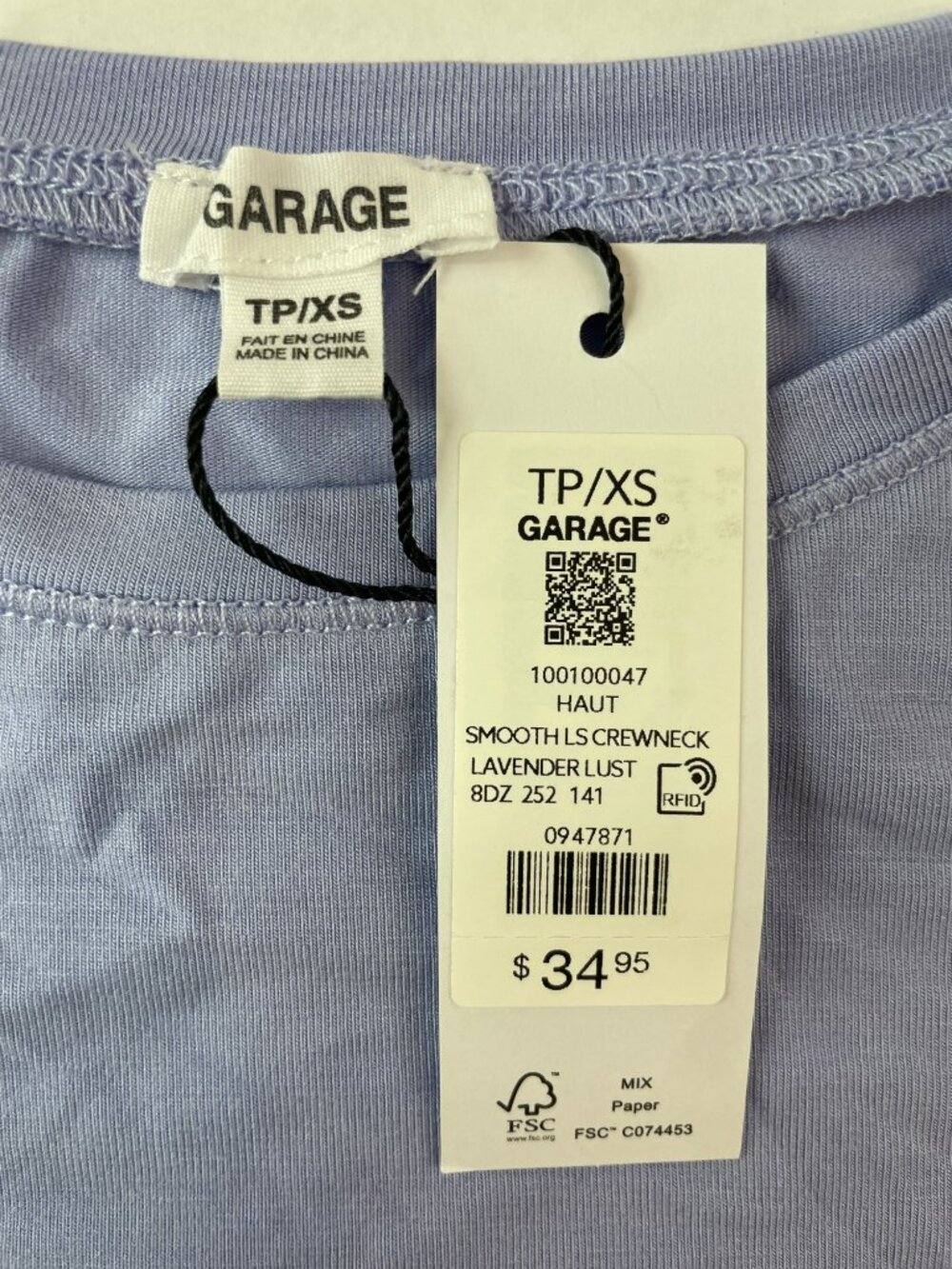 Garage Smooth Crewneck Lavender Long Sleeve Top Modal Blend Wmn's Sz XS $35 NWT - Picture 5 of 5